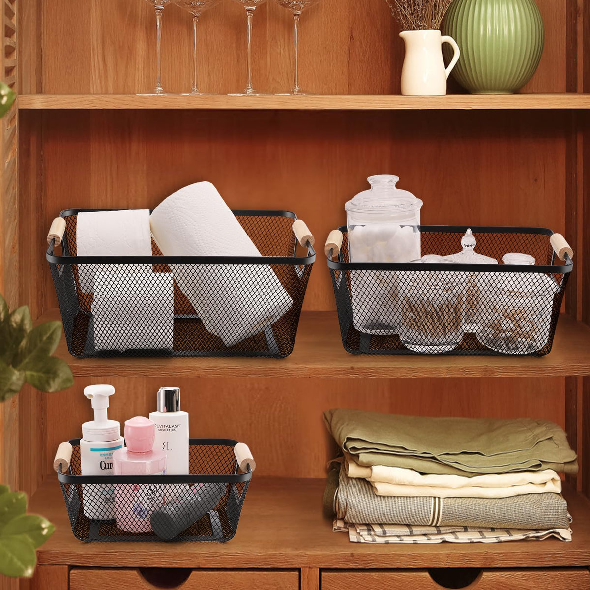 Noamus black mesh with wood handle adds decor-friendly practicality.