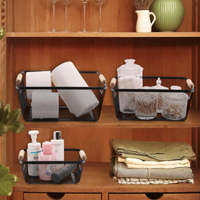 Noamus black mesh with wood handle adds decor-friendly practicality.