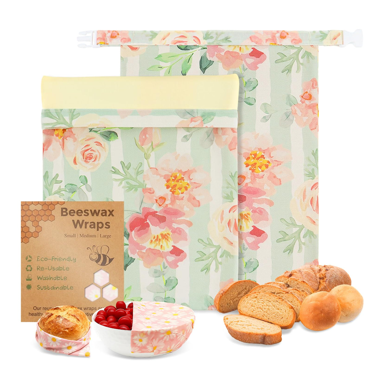 Nobineck beeswax bread bag, extra-large front view, keeps loaves fresh and reusable.
