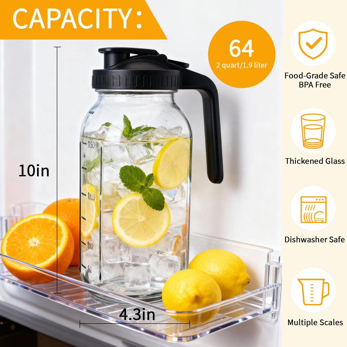 Nobityop wide-mouth glass pitcher with ergonomic handle for easy pouring.