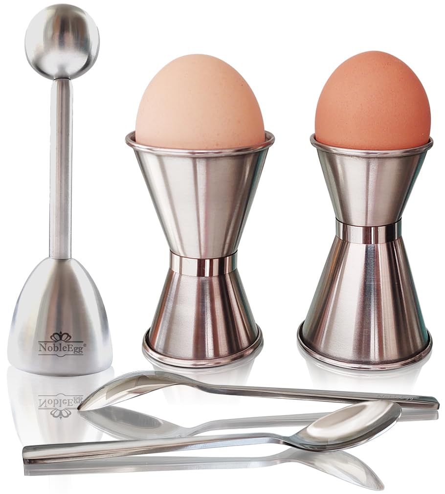 NobleEgg egg cups universal size hold small to jumbo eggs, including goose and duck eggs.