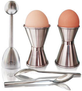 NobleEgg egg cups universal size hold small to jumbo eggs, including goose and duck eggs.