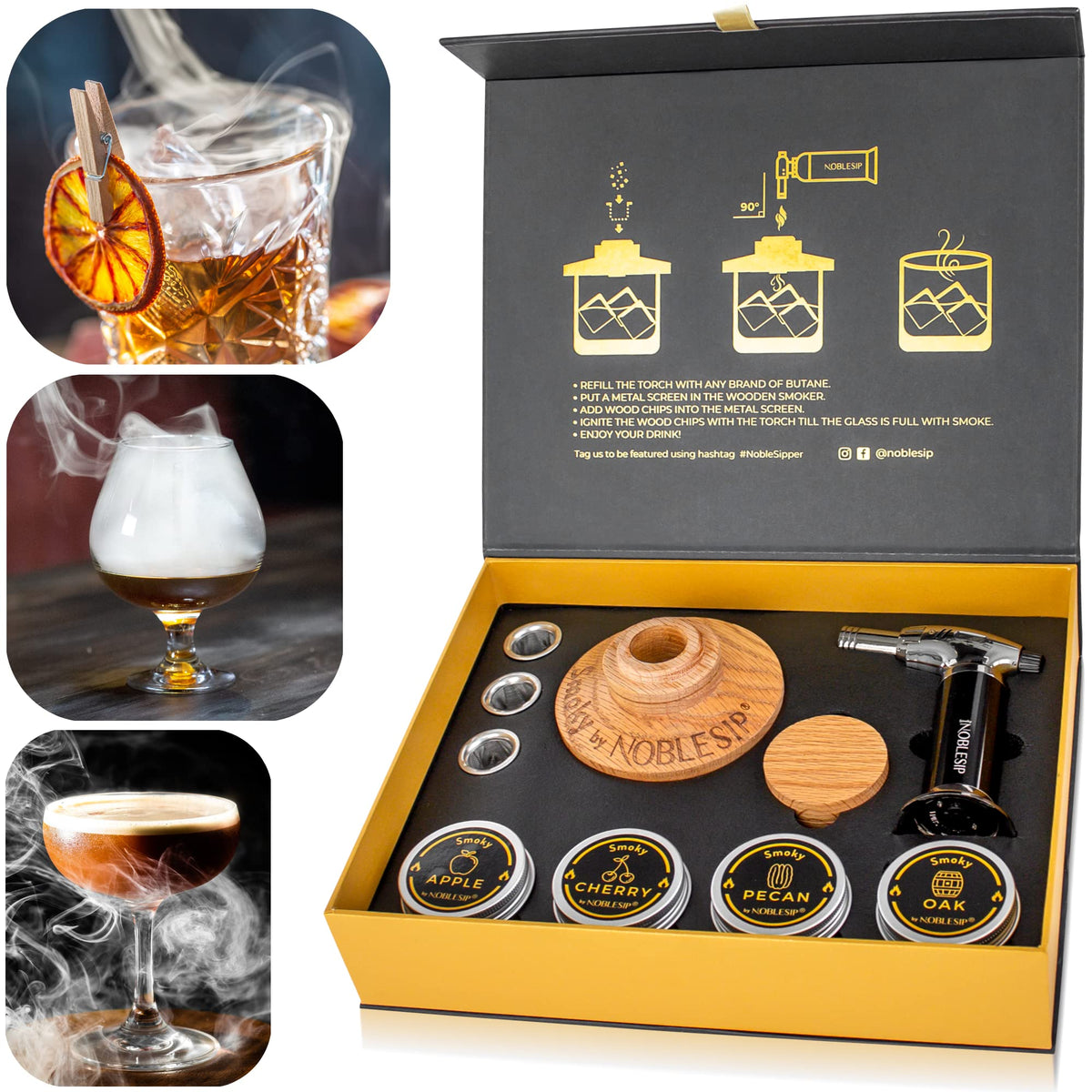 NobleSip whiskey smoker kit with oak lid for home smoked cocktails