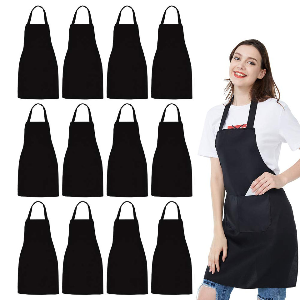 NOBONDO 12-pack bib apron in black, front view with two pockets.