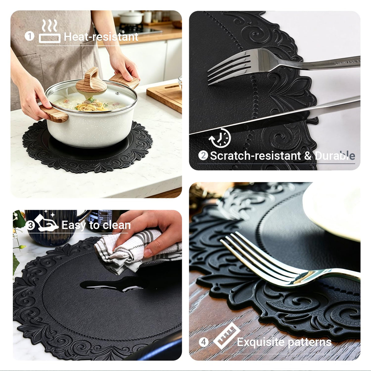Noctiflorous round placemats heat-resistant feature shown under hot dish.