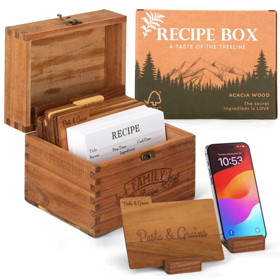 NOFEO Premium Acacia Recipe Box cover displaying rustic grain and elegant construction