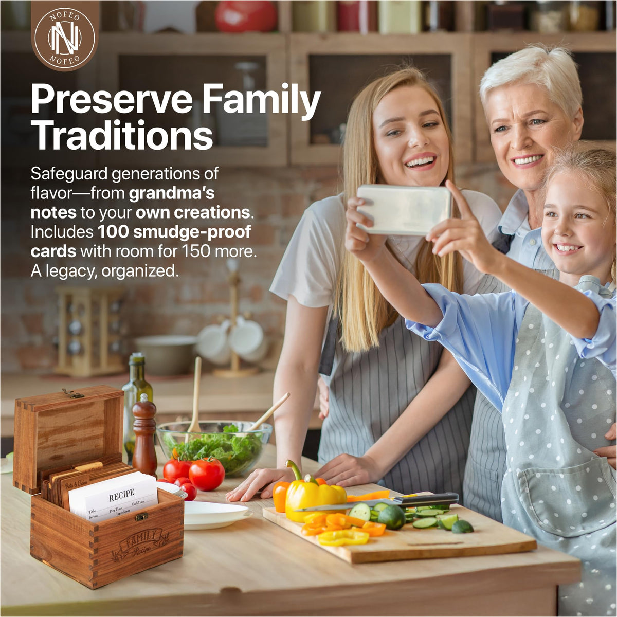 NOFEO Premium Acacia Phone Stand integrated for hands-free following of recipes