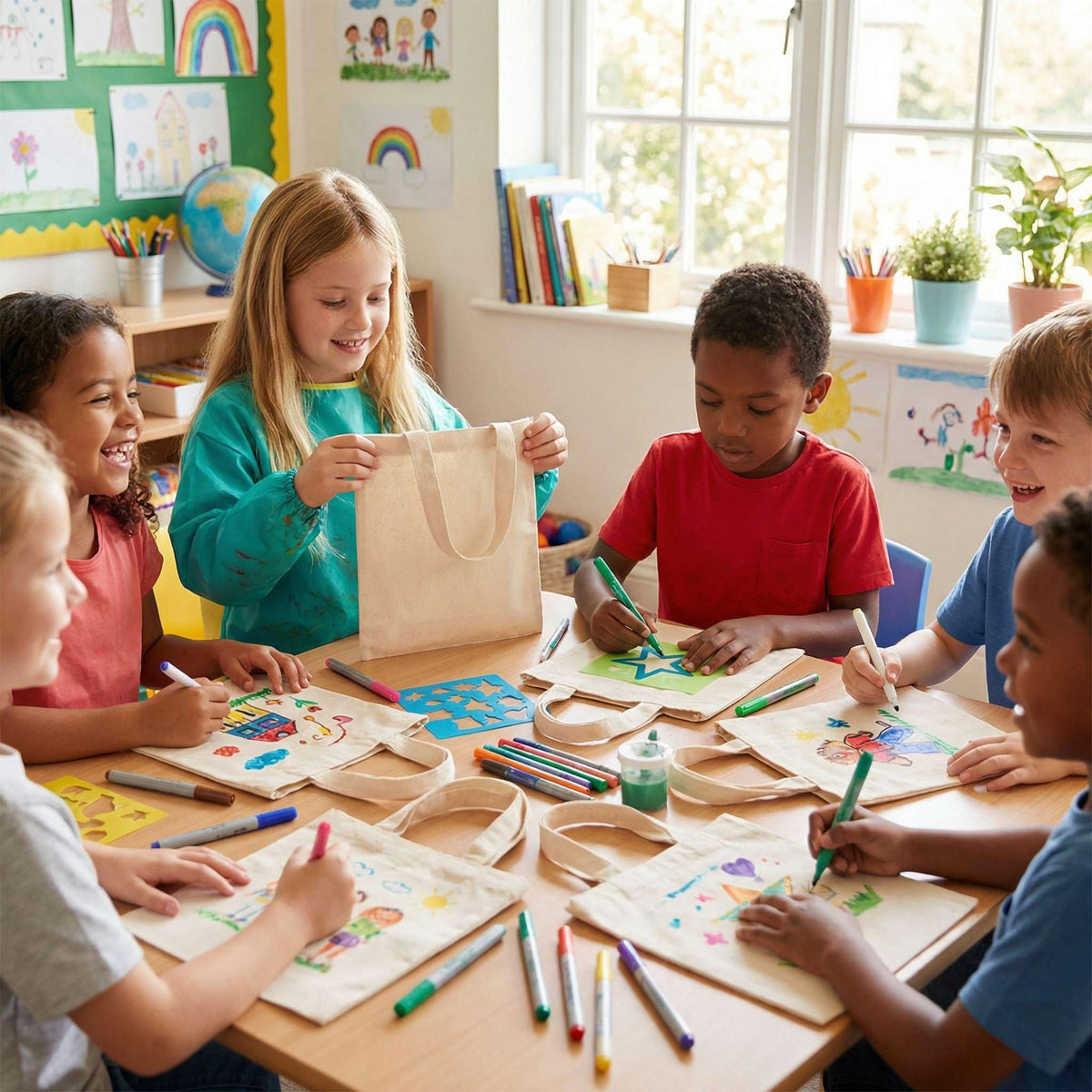 NOFKYNOXA tote bags grouped for classroom activities, perfect for art projects and party favors.