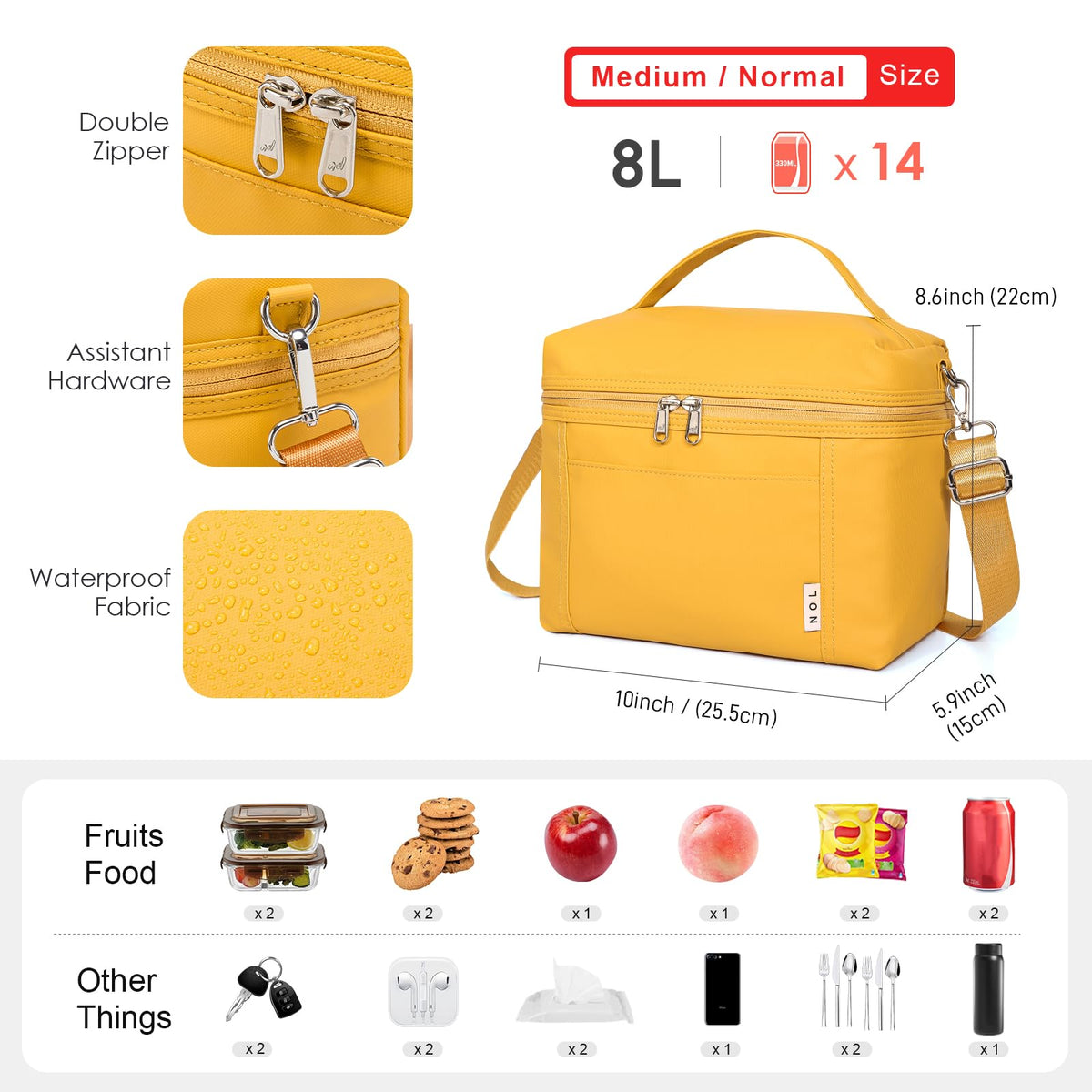NOL earth yellow lunch bag open compartment, neatly organized interior.