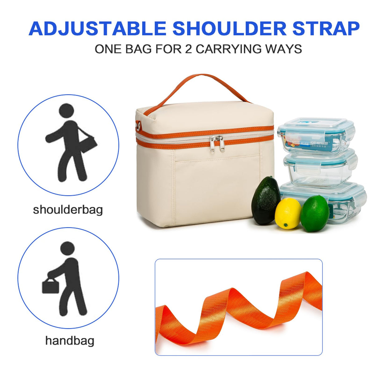 NOL insulated lunch bag with detachable shoulder strap for versatile carrying.