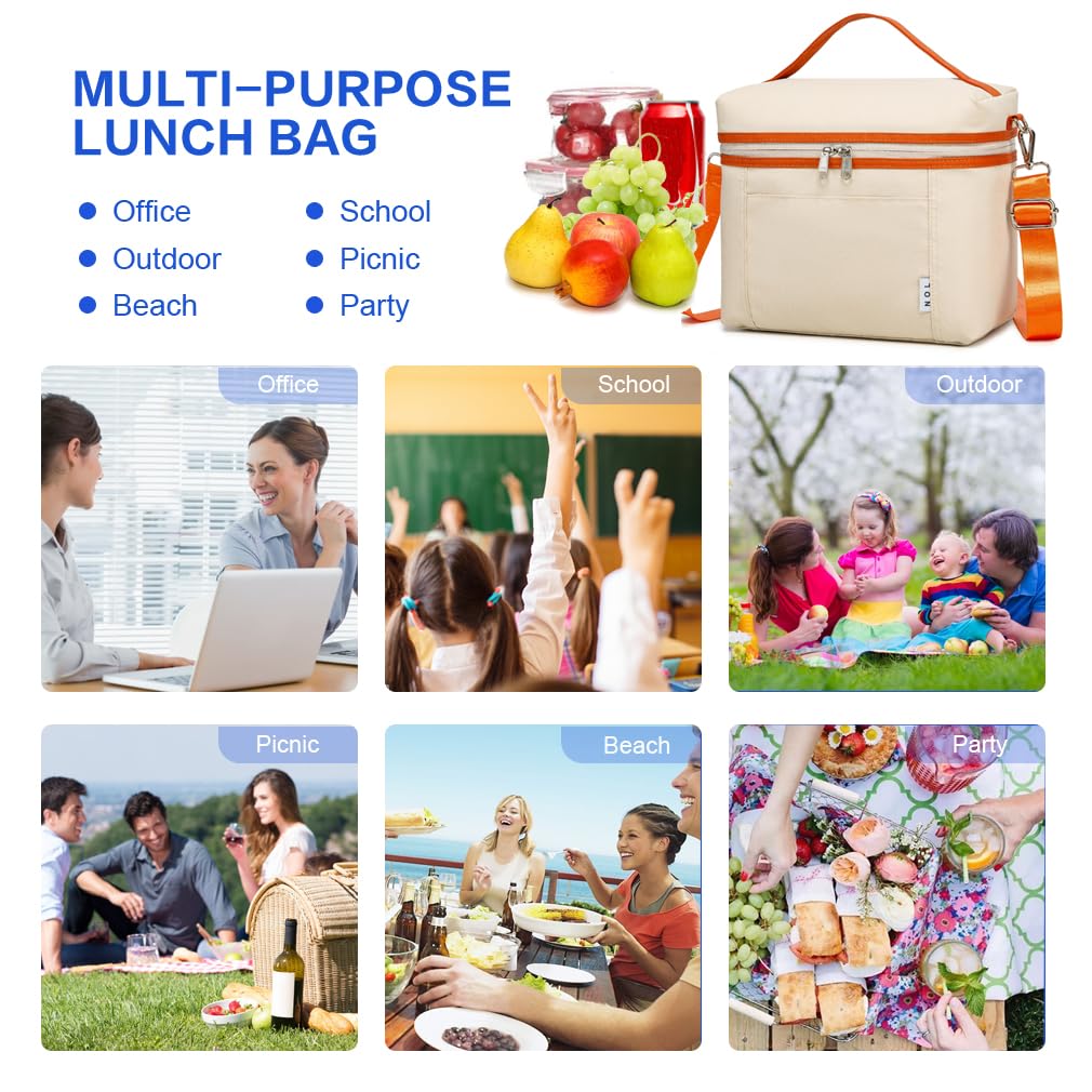 NOL medium-size cream-orange lunch bag, 8L capacity for work meals.