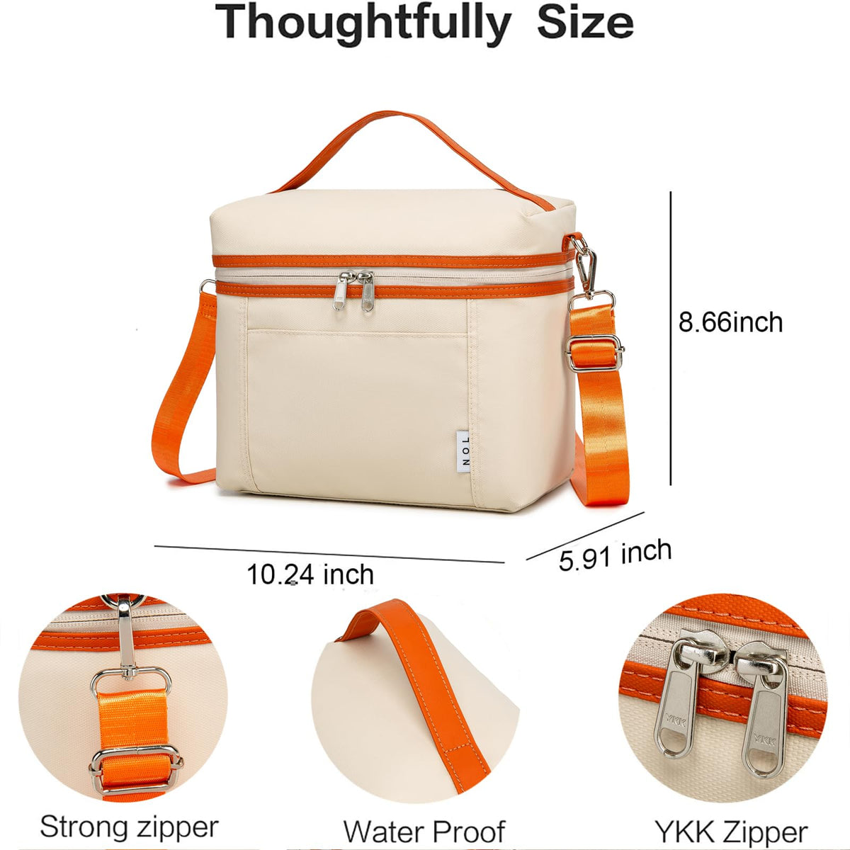 NOL insulated lunch bag cream orange, side view, keeps snacks organized on the go.