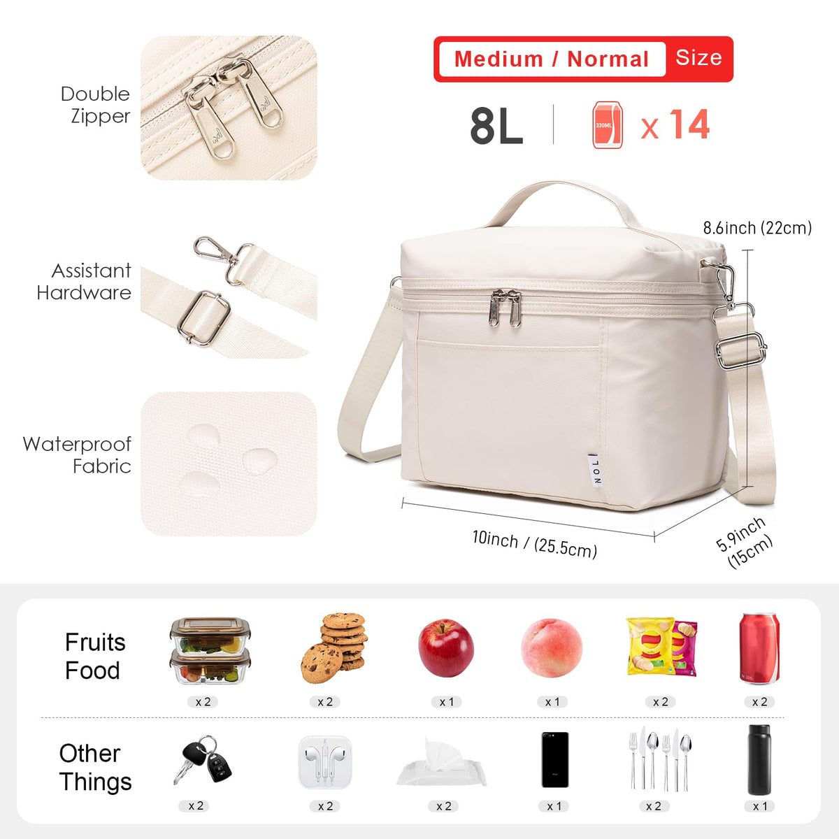 NOL Natural Organic Lifestyle lunch bag cream, side pocket, easy-access storage
