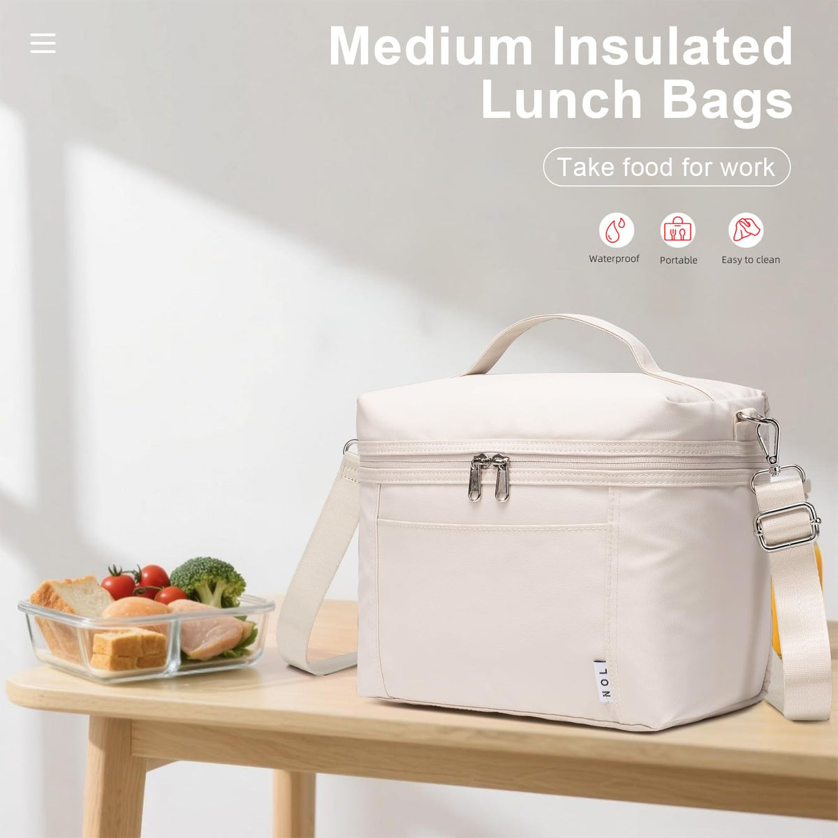 NOL Natural Organic Lifestyle lunch bag cream, top view showcasing compact design