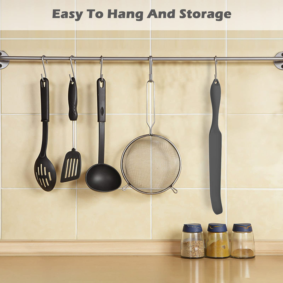 Nomiou slim blade spatula showing versatile use in blender and jar spaces