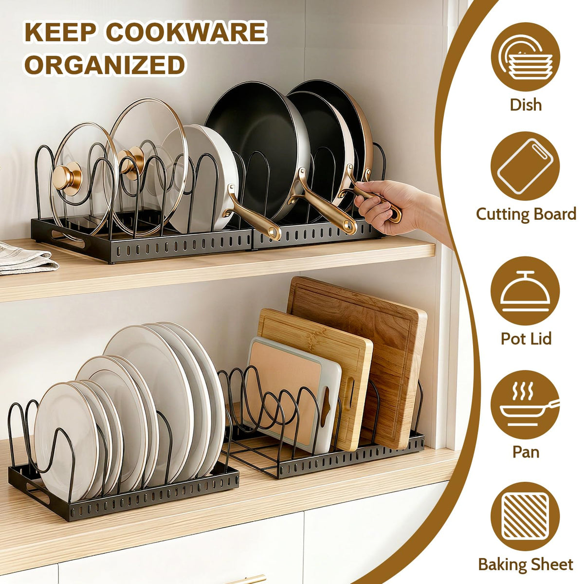 NomNest 32 adjustable dividers customize storage for pots, pans, and lids.