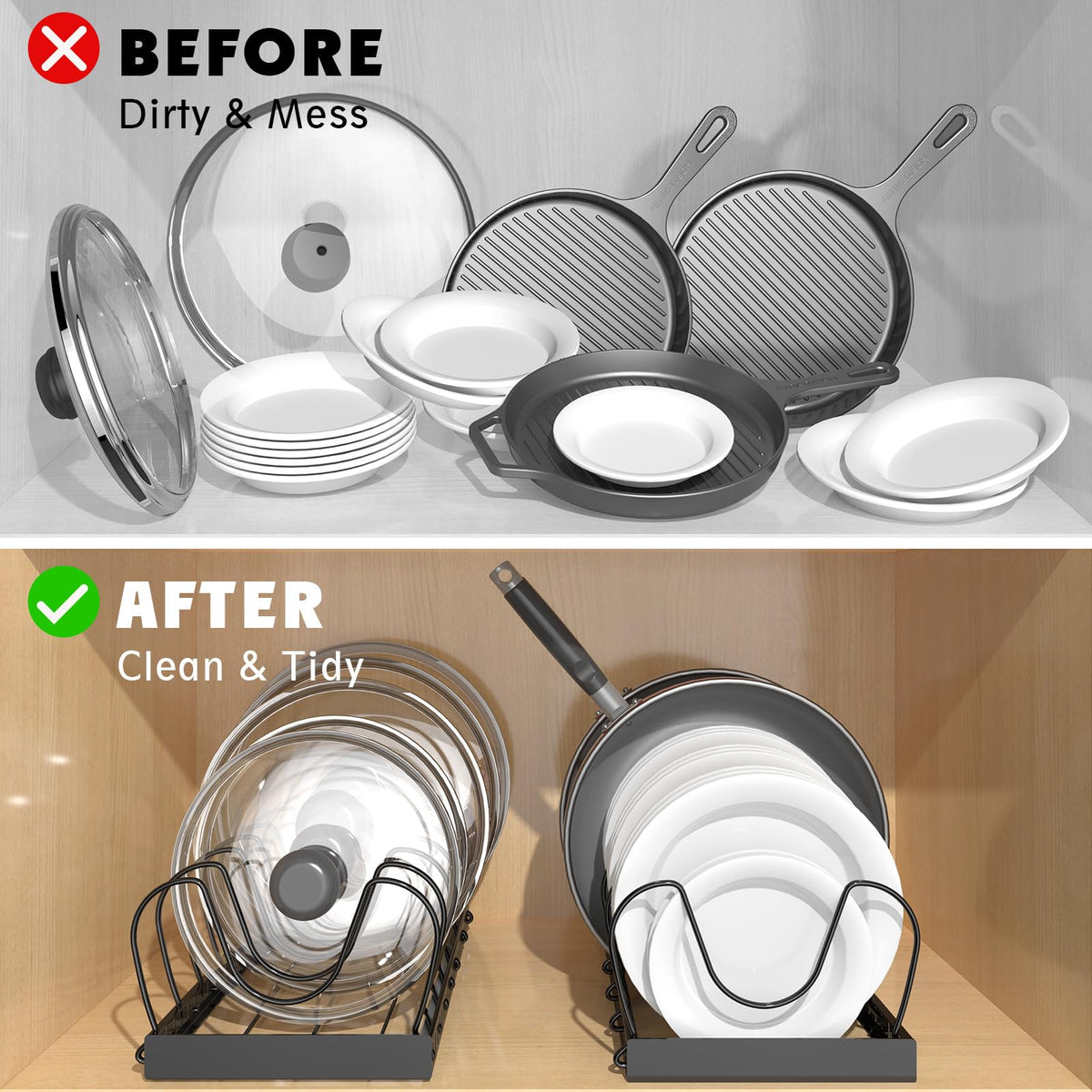 NomNest adjustable dividers organize lids for a perfect fit every time.