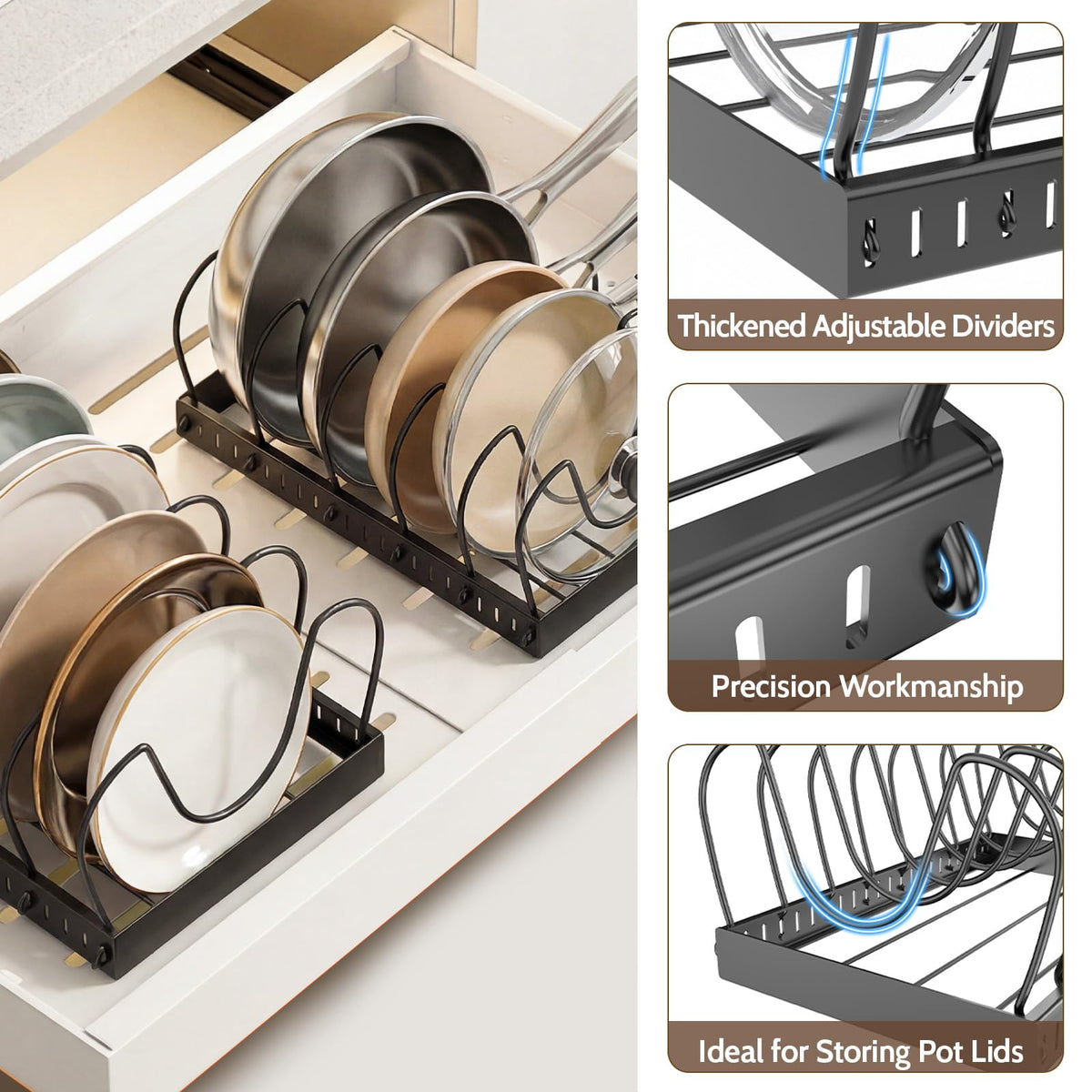 NomNest easy-access design helps you locate lids or pans quickly.
