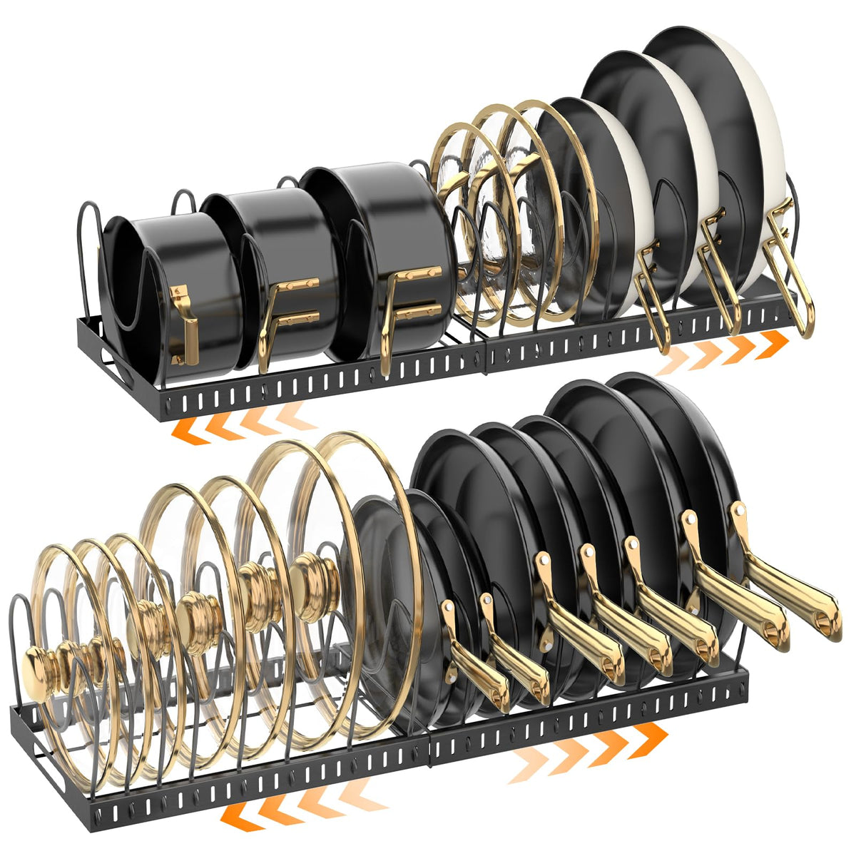 NomNest expandable pots and pans organizer under cabinet showing adjustable 12-24 inch reach and tidy cookware.