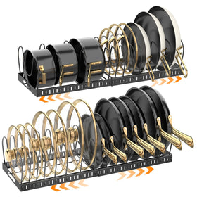 NomNest expandable pots and pans organizer under cabinet showing adjustable 12-24 inch reach and tidy cookware.
