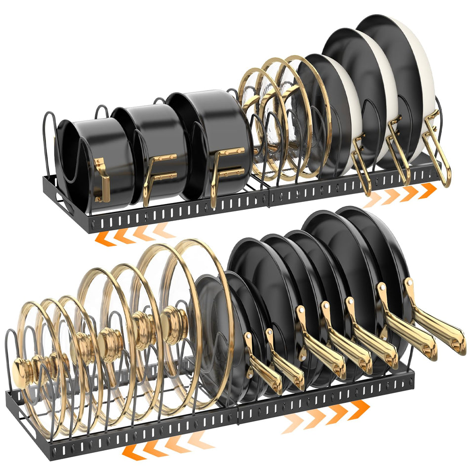NomNest expandable pots and pans organizer under cabinet showing adjustable 12-24 inch reach and tidy cookware.