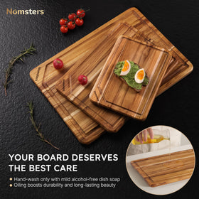 Nomsters teak cutting boards arranged as an elegant charcuterie board
