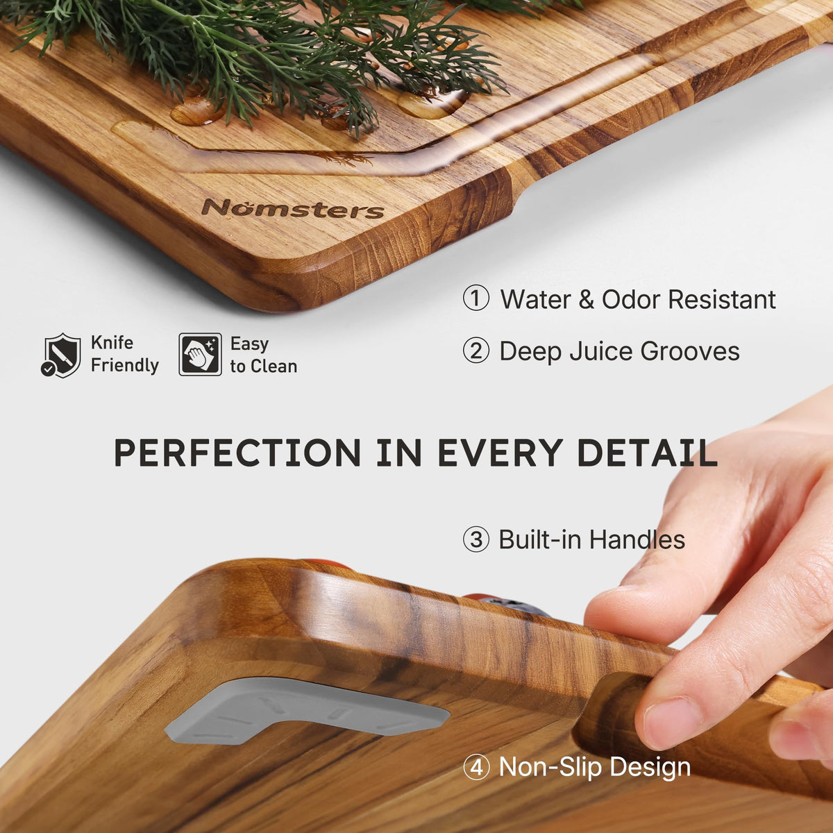 Nomsters teak board in use for fresh vegetable prep