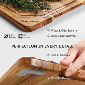 Nomsters teak board in use for fresh vegetable prep