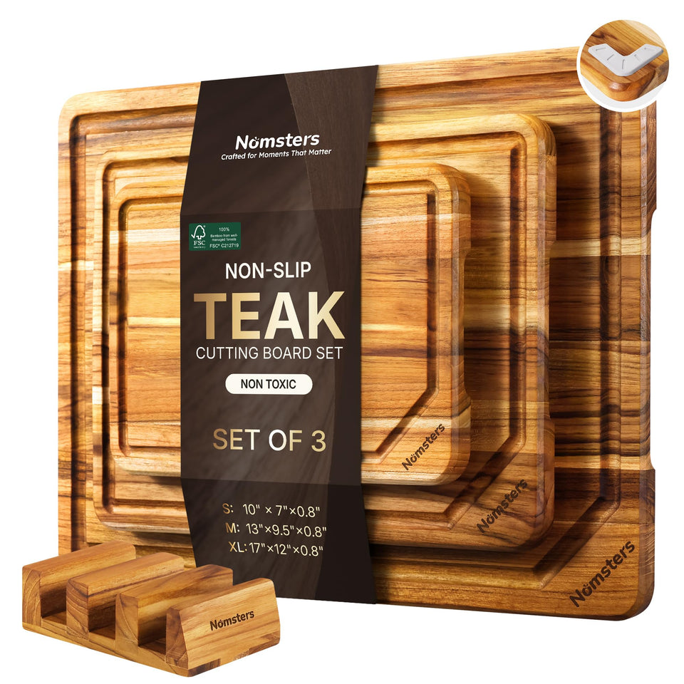 Nomsters 10-inch teak cutting board with non-slip base for stable slicing