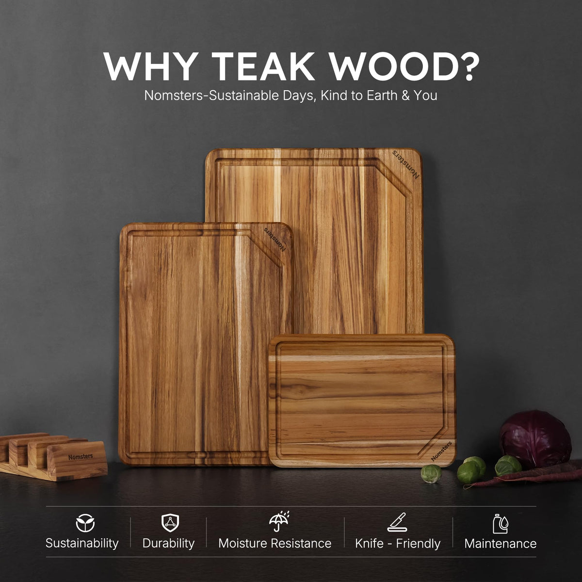 Nomsters 17-inch teak cutting board handles roasts and batch prep