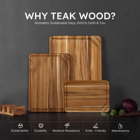 Nomsters 17-inch teak cutting board handles roasts and batch prep