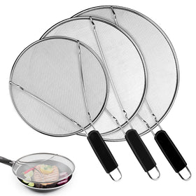 Nonley splatter screen 13-inch stainless steel protects counters from hot oil splashes.