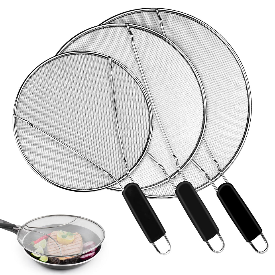 Nonley splatter screen 13-inch stainless steel protects counters from hot oil splashes.