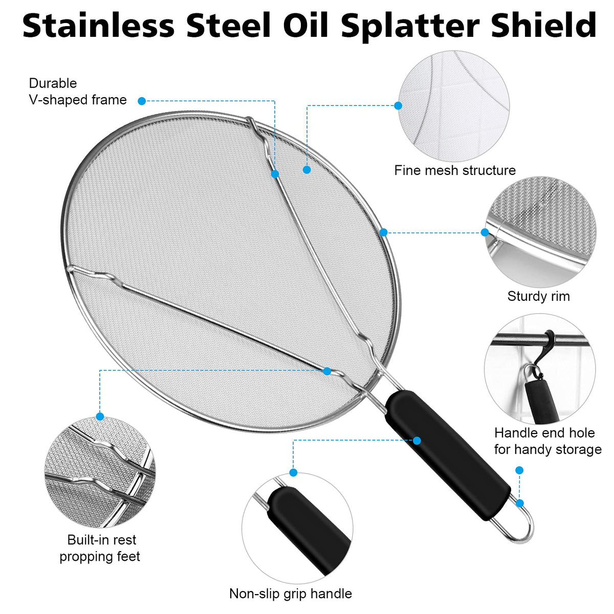Nonley 9-5-inch splatter screen keeps oil contained on smaller pans for easy cleanup.