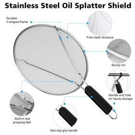 Nonley 9-5-inch splatter screen keeps oil contained on smaller pans for easy cleanup.