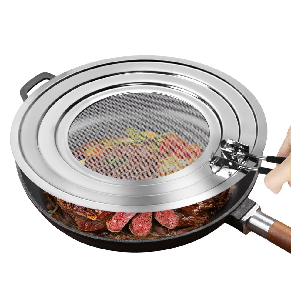 Nonley splatter screen fitting 9–11 inch pans for versatile frying.