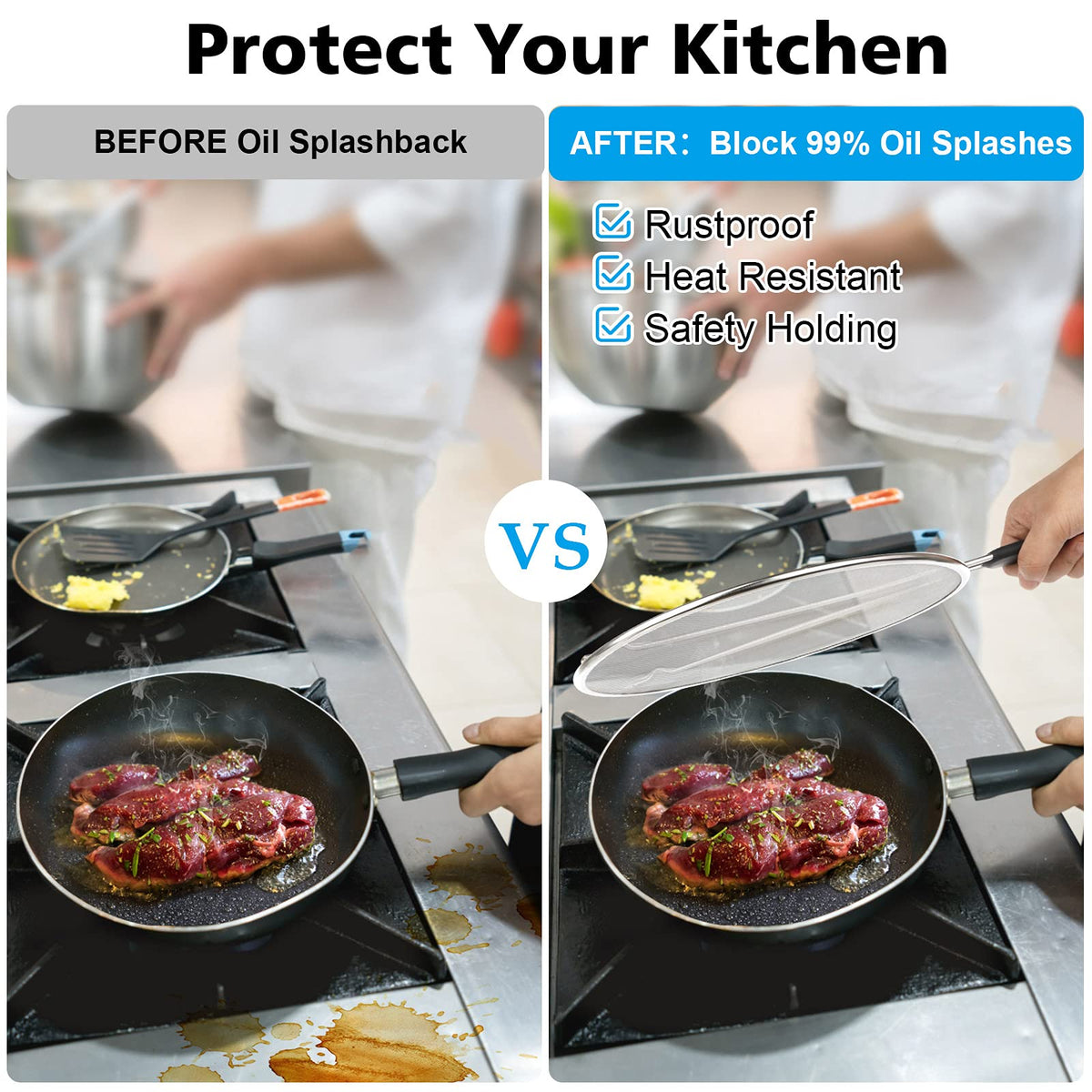 Nonley splatter screen with ergonomic silicone handle provides a safer, comfortable grip.