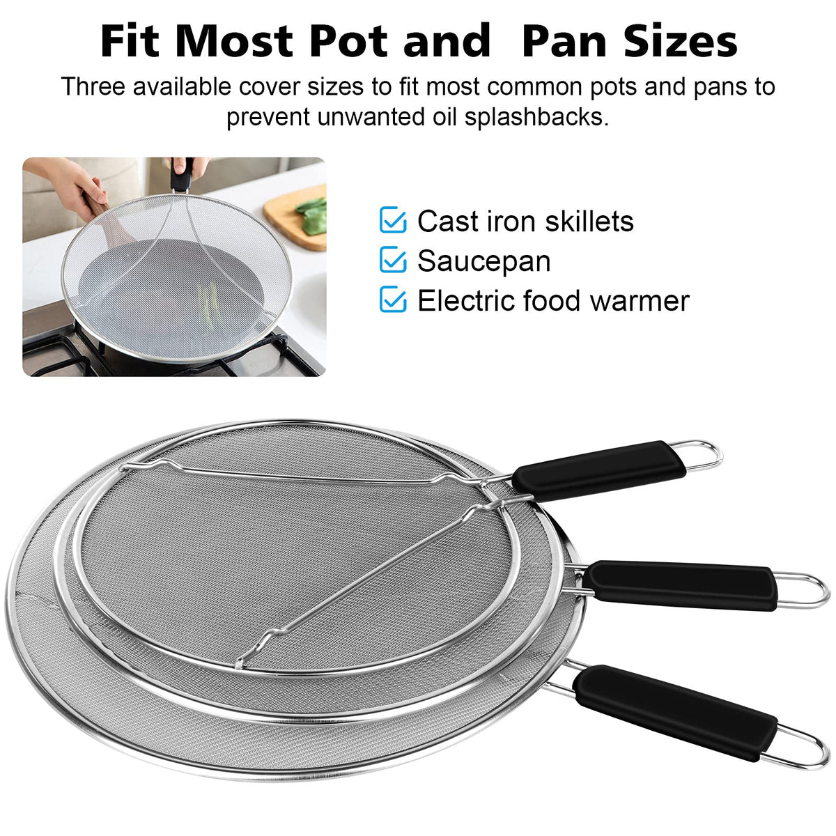 Nonley splatter guard doubles as drain, steamer, or sieve for versatile use.
