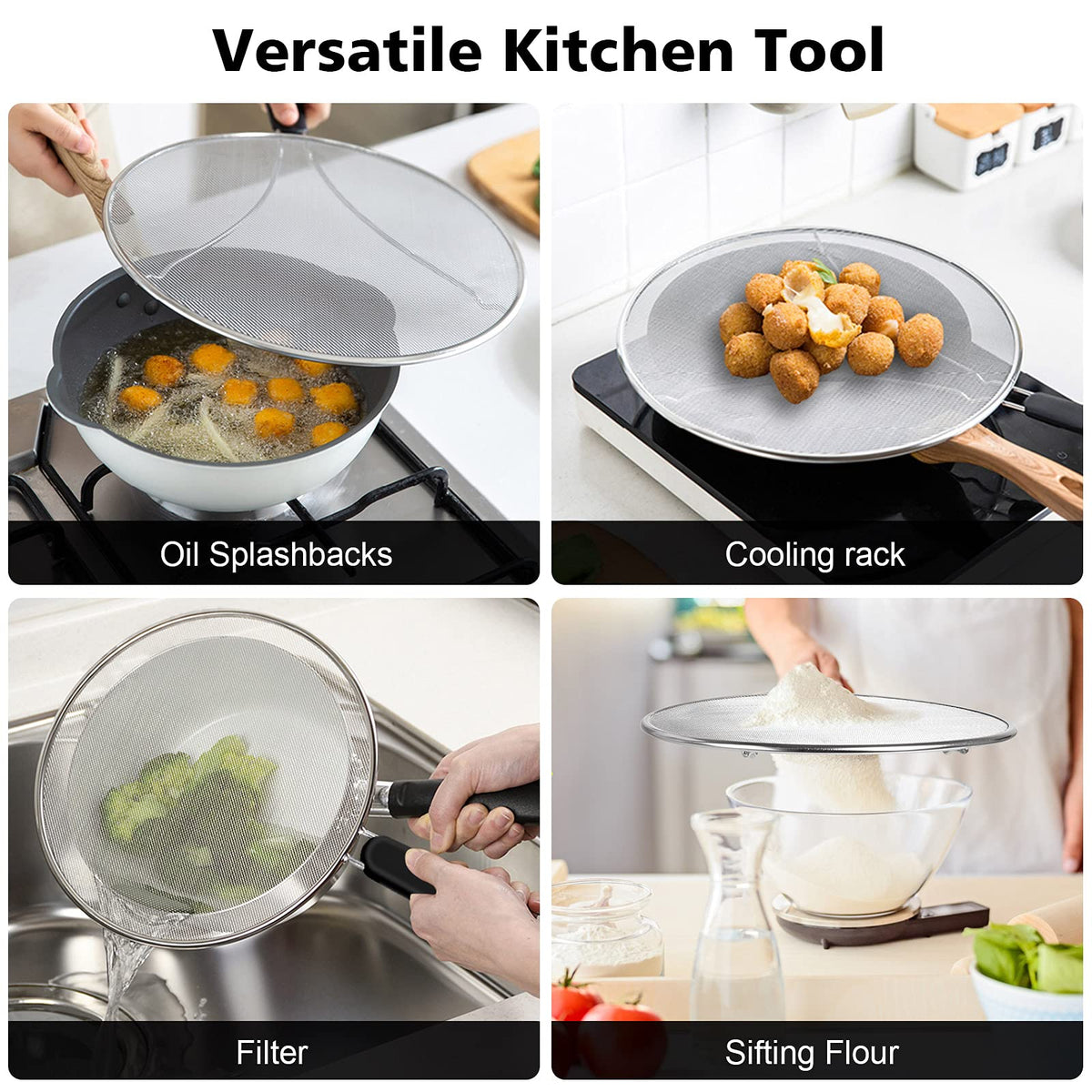 Nonley splatter screen on stove top protects surfaces while preserving steam for flavor.