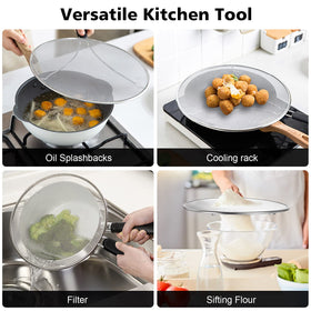 Nonley splatter screen on stove top protects surfaces while preserving steam for flavor.