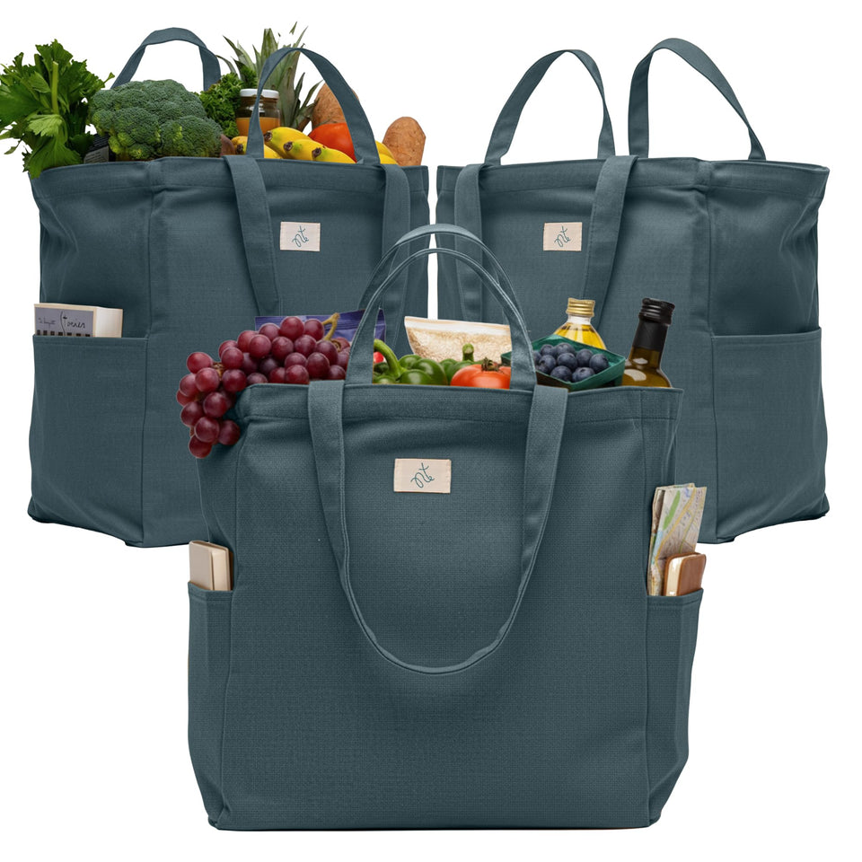 Nook Theory 3-pack bags stand upright with seven compartments for organized groceries.