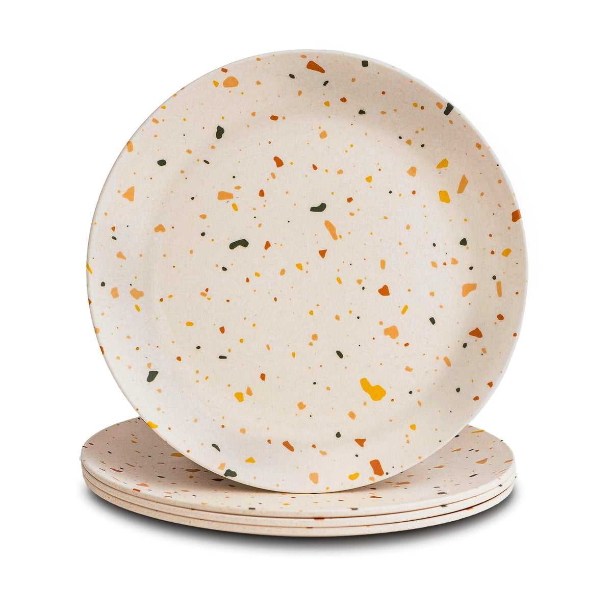Nook Theory 4-pack bamboo plates on a table setting for kid-friendly meals.