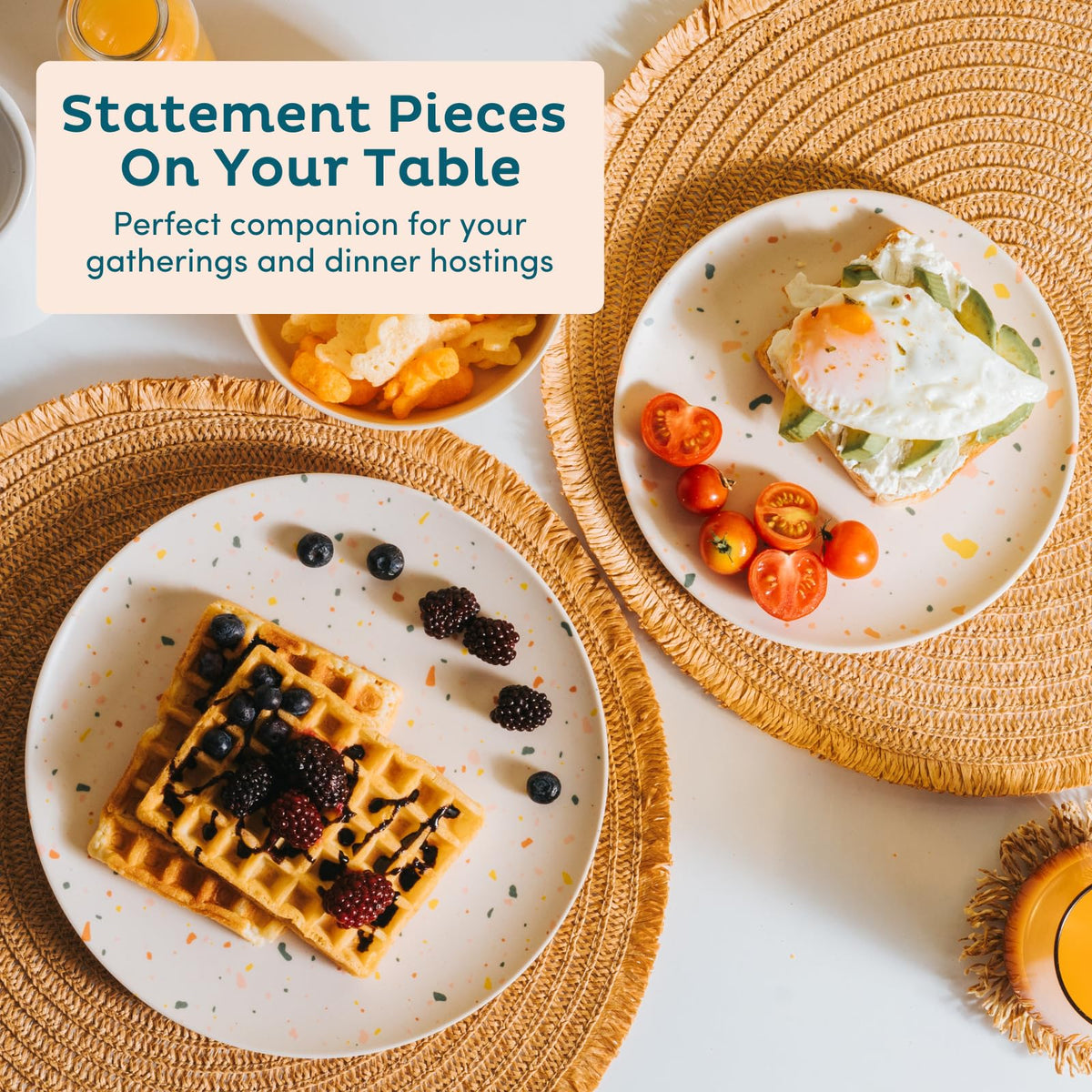 Two sizes of Nook Theory bamboo plates stacked for versatile portions.