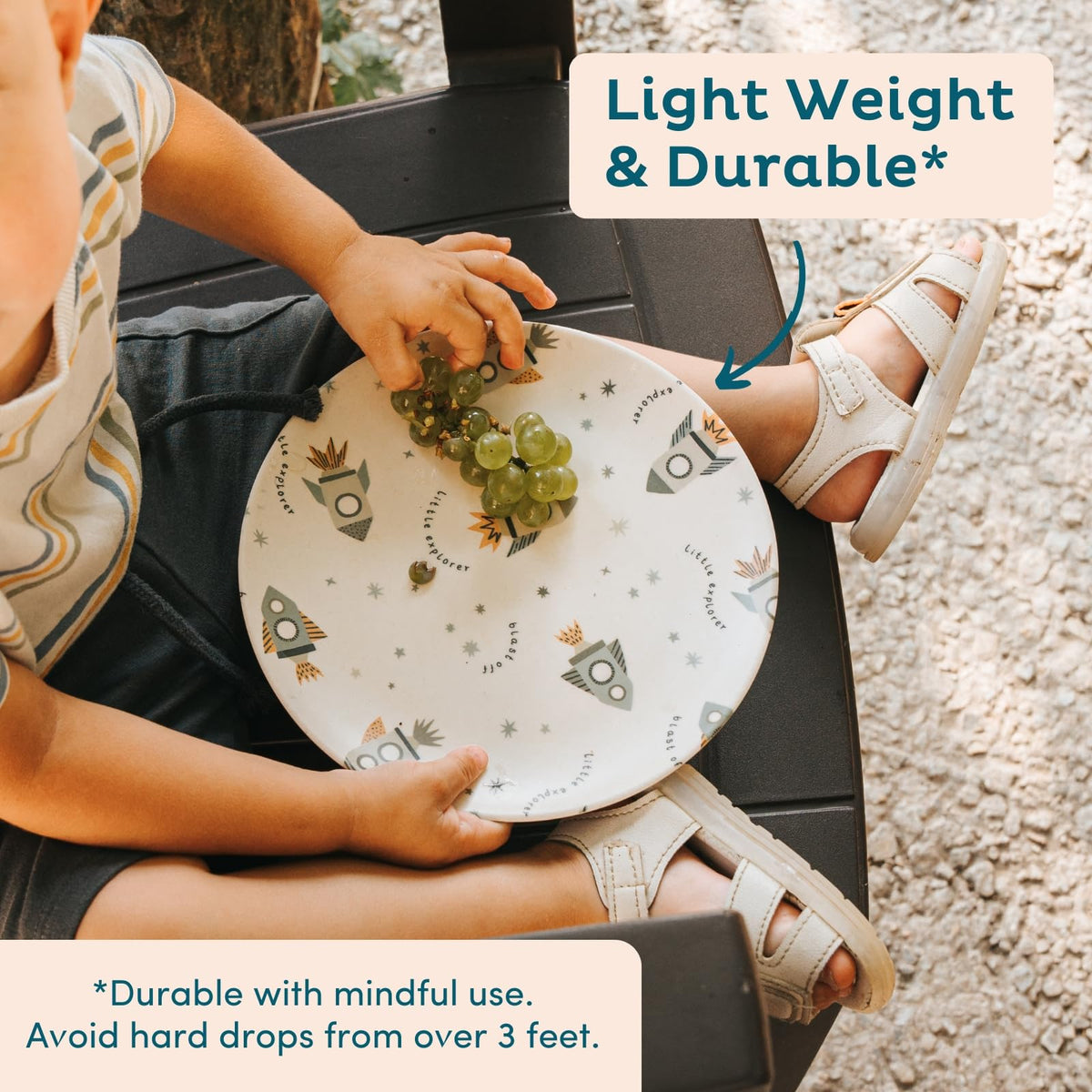 Nook Theory bamboo plate label emphasizing safe materials and non-toxic design.