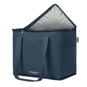 Nook Theory insulated grocery bag with zippered top in deep blue keeps groceries hot or cold