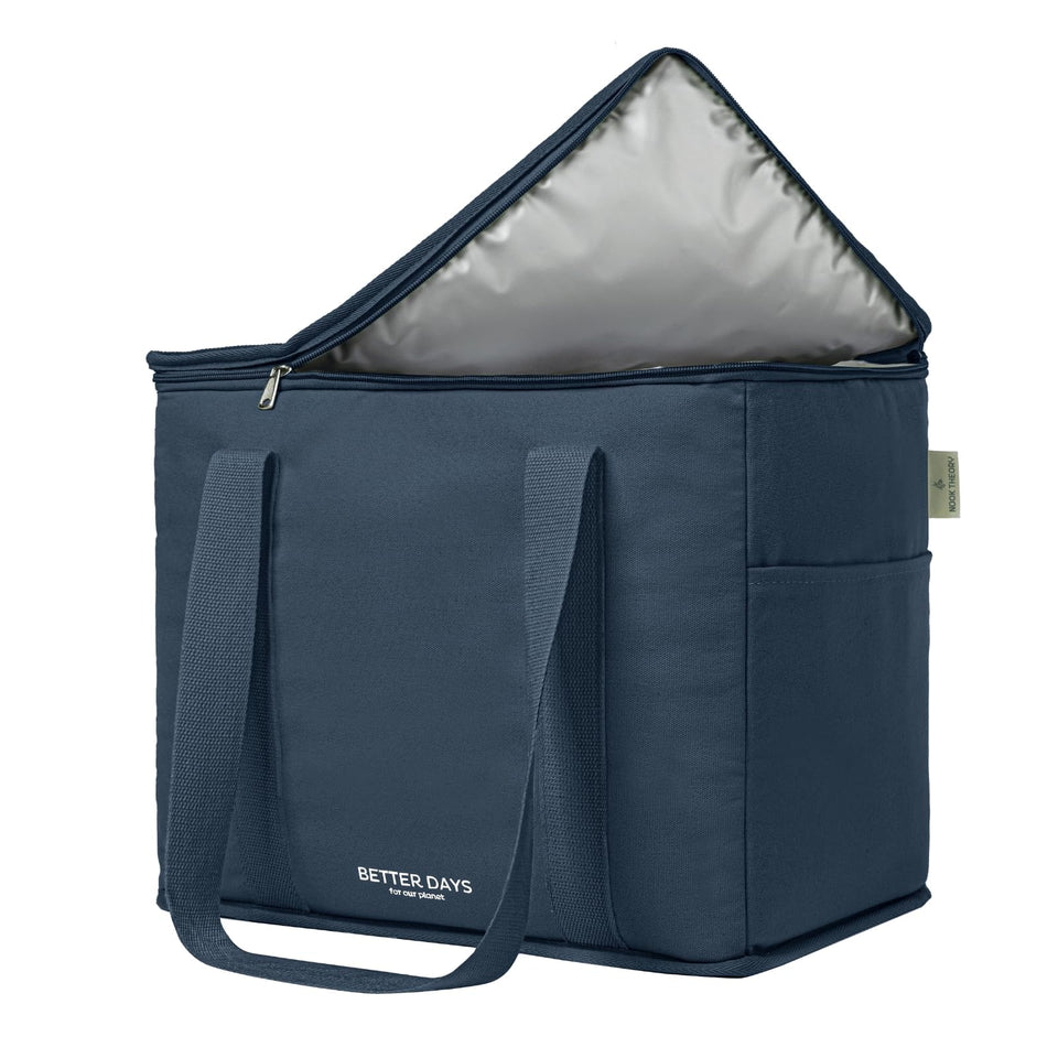 Nook Theory insulated grocery bag with zippered top in deep blue keeps groceries hot or cold