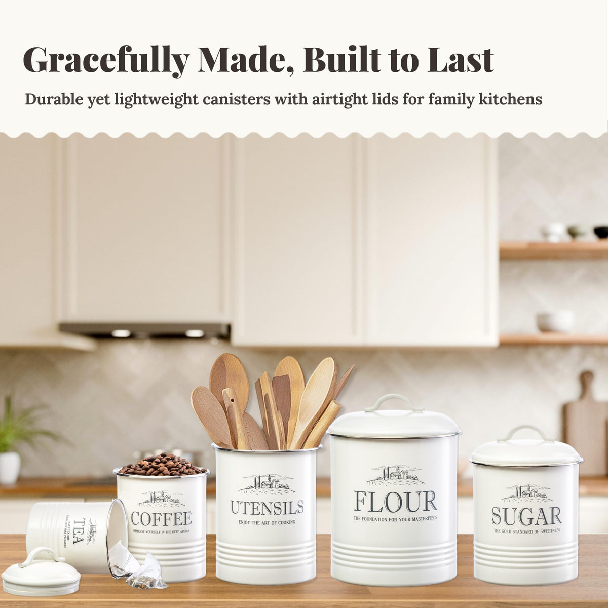 Noonberry airtight canister lids seal in freshness and protect ingredients.