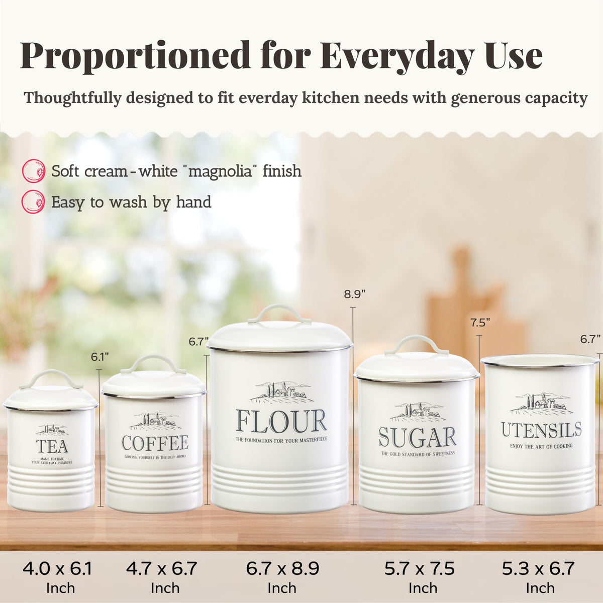 Noonberry flour canister on counter shows generous capacity for bulk baking.
