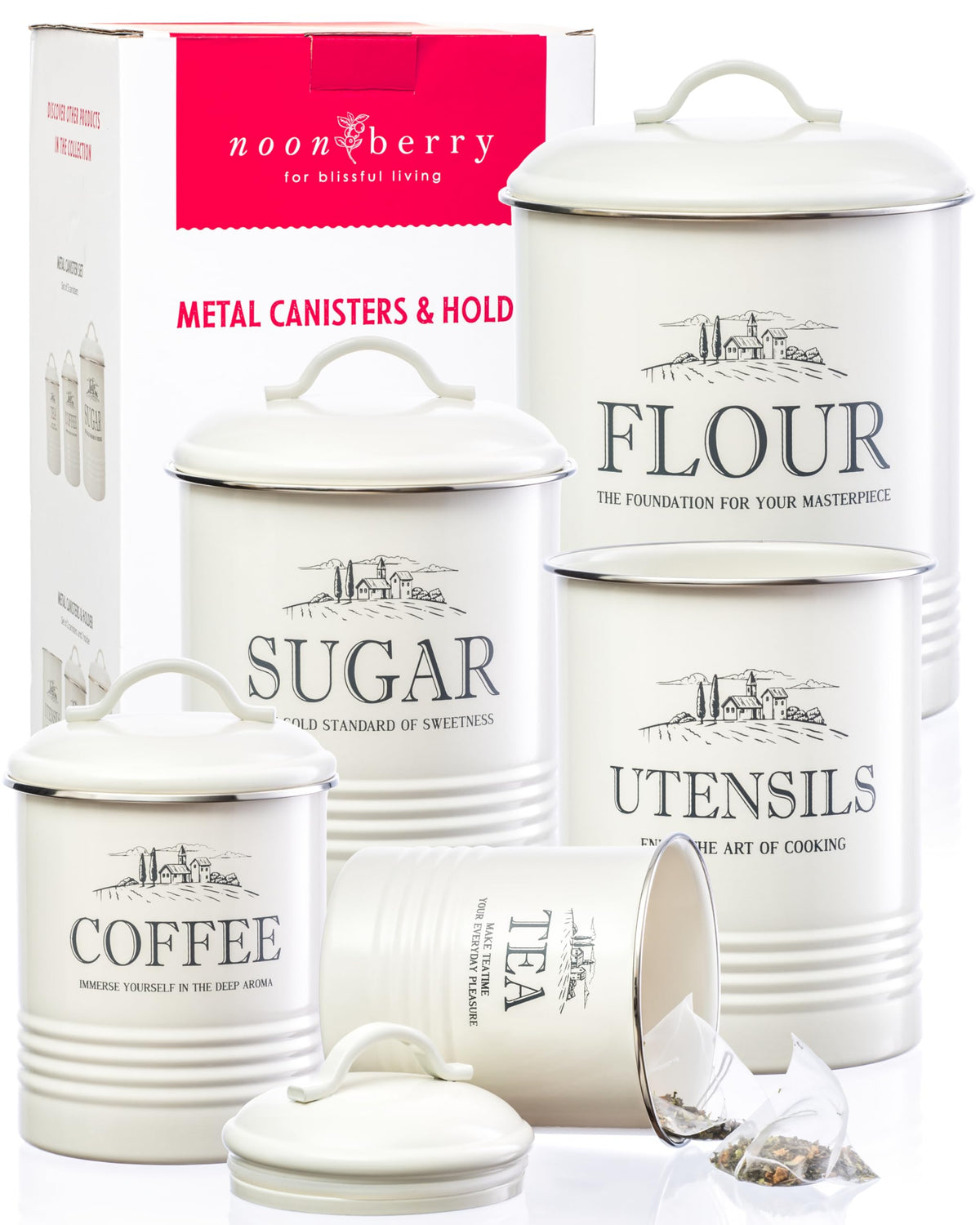 Noonberry kitchen canisters collection in cream finish keeps flour and sugar within easy reach.