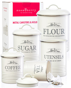 Noonberry kitchen canisters collection in cream finish keeps flour and sugar within easy reach.